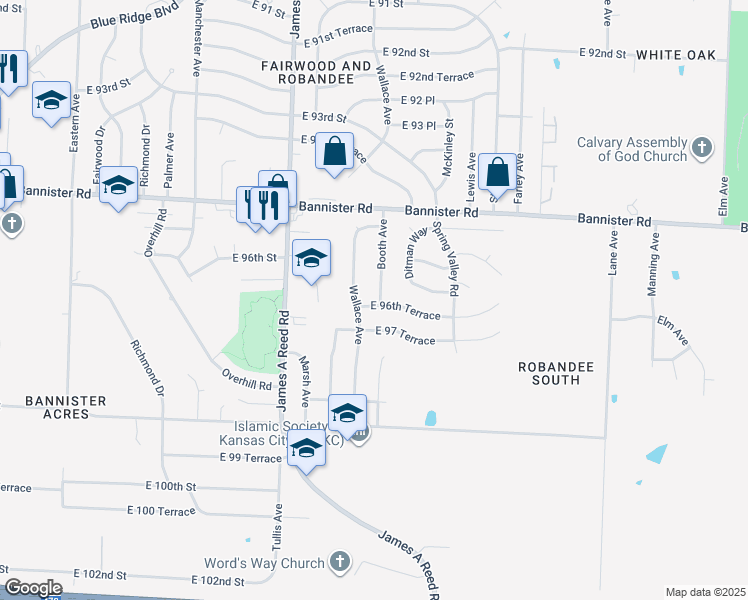 map of restaurants, bars, coffee shops, grocery stores, and more near 9624 Booth Avenue in Kansas City