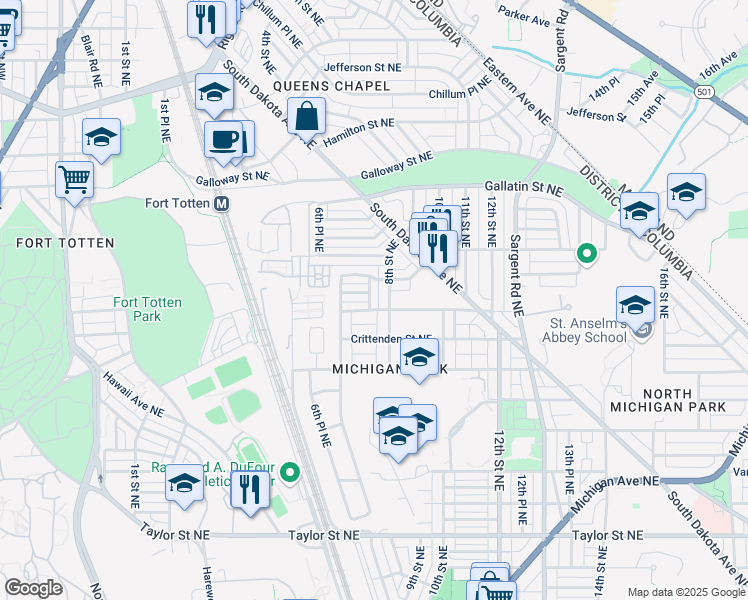 map of restaurants, bars, coffee shops, grocery stores, and more near 4909 7th Place Northeast in Washington