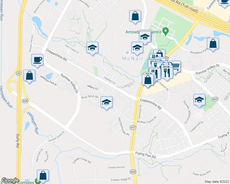 map of restaurants, bars, coffee shops, grocery stores, and more near 2520 Banshire Drive in Herndon