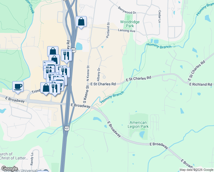 map of restaurants, bars, coffee shops, grocery stores, and more near 3301-3379 St Charles Rd in Columbia