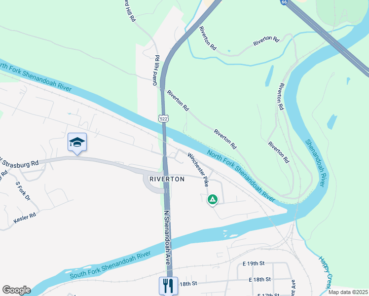 map of restaurants, bars, coffee shops, grocery stores, and more near 1408 Old Winchester Pike in Front Royal