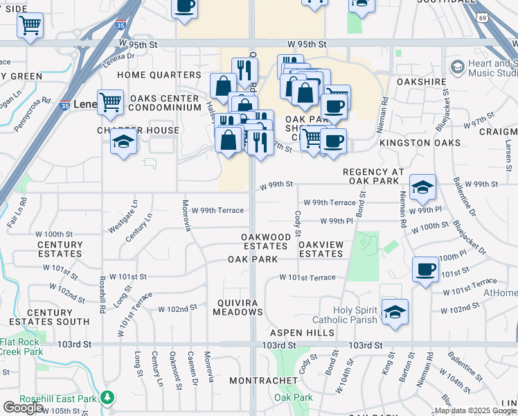 map of restaurants, bars, coffee shops, grocery stores, and more near 11847 West 99th Terrace in Overland Park