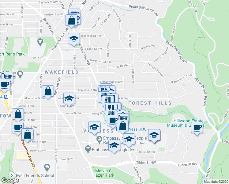 map of restaurants, bars, coffee shops, grocery stores, and more near 3128 Appleton Street Northwest in Washington