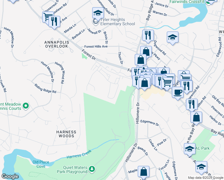 map of restaurants, bars, coffee shops, grocery stores, and more near 106 Stilly Way in Annapolis