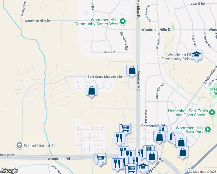 map of restaurants, bars, coffee shops, grocery stores, and more near 11782 Sedge Court in Peyton