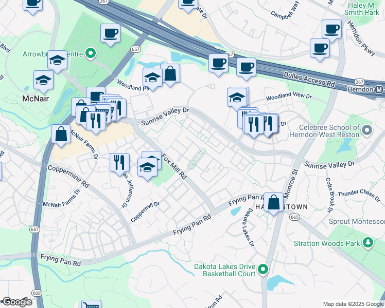 map of restaurants, bars, coffee shops, grocery stores, and more near 2380 Stone Fence Lane in Herndon
