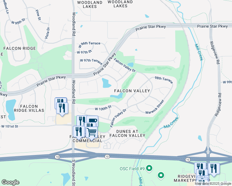 map of restaurants, bars, coffee shops, grocery stores, and more near 19209 West 98th Terrace in Lenexa
