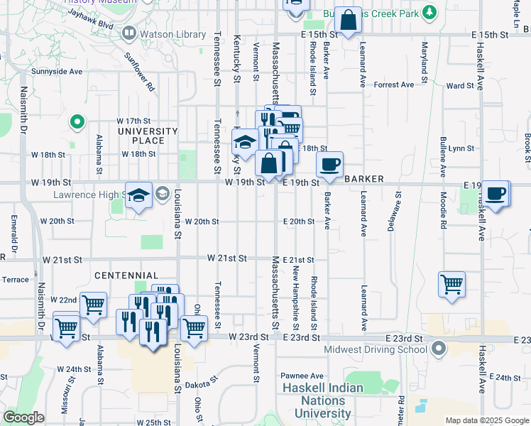map of restaurants, bars, coffee shops, grocery stores, and more near 1941 Massachusetts Street in Lawrence