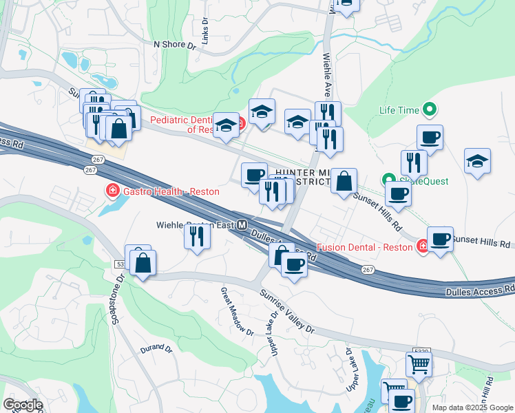 map of restaurants, bars, coffee shops, grocery stores, and more near 1906 Reston Metro Plaza in Reston