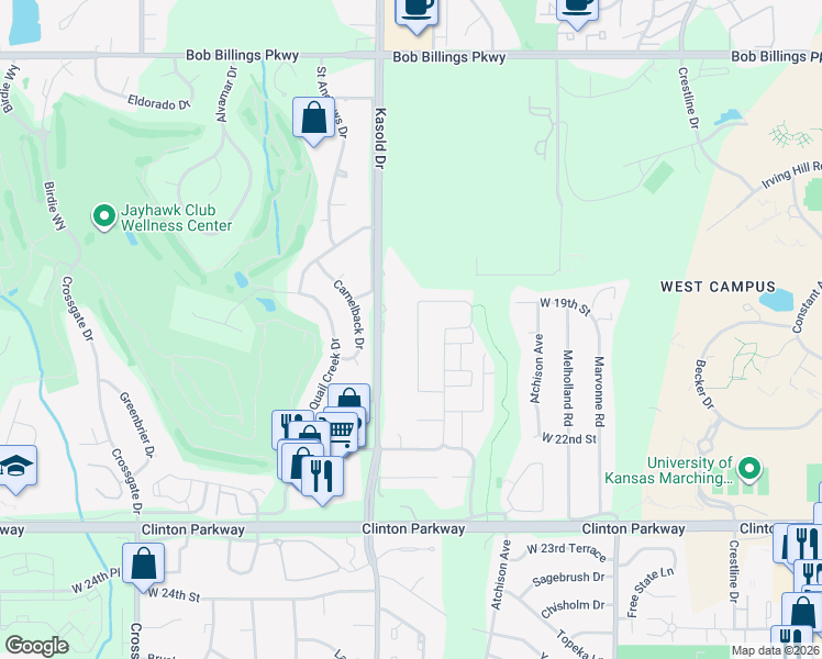 map of restaurants, bars, coffee shops, grocery stores, and more near 2014 Kasold Drive in Lawrence