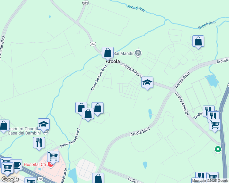 map of restaurants, bars, coffee shops, grocery stores, and more near 42451 Chamois Court in Sterling