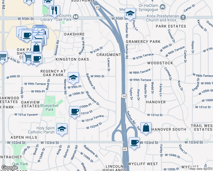 map of restaurants, bars, coffee shops, grocery stores, and more near 9946 Larsen Street in Overland Park