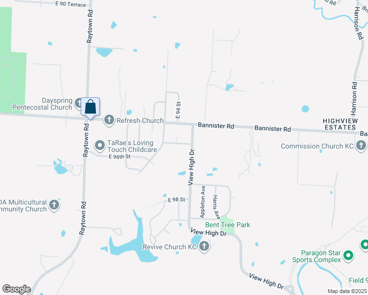 map of restaurants, bars, coffee shops, grocery stores, and more near 10700 East 95 Terrace in Kansas City