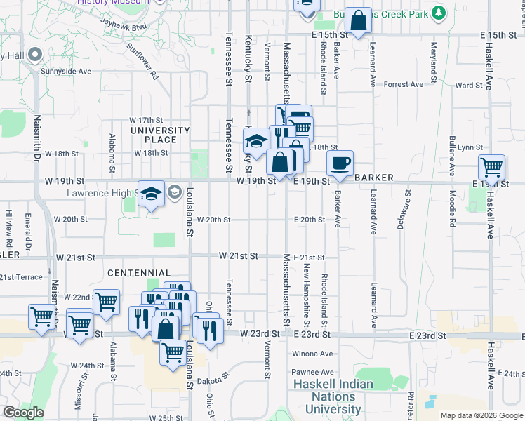 map of restaurants, bars, coffee shops, grocery stores, and more near 1930 Kentucky Street in Lawrence