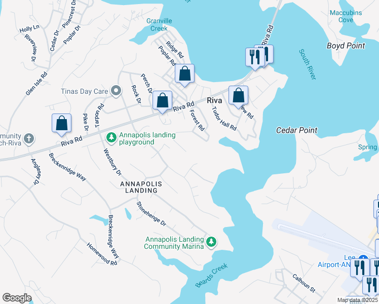 map of restaurants, bars, coffee shops, grocery stores, and more near 545 Fern Road in Riva
