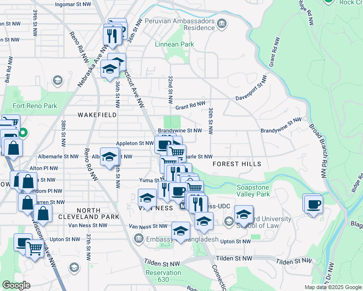 map of restaurants, bars, coffee shops, grocery stores, and more near 3128 Appleton Street Northwest in Washington
