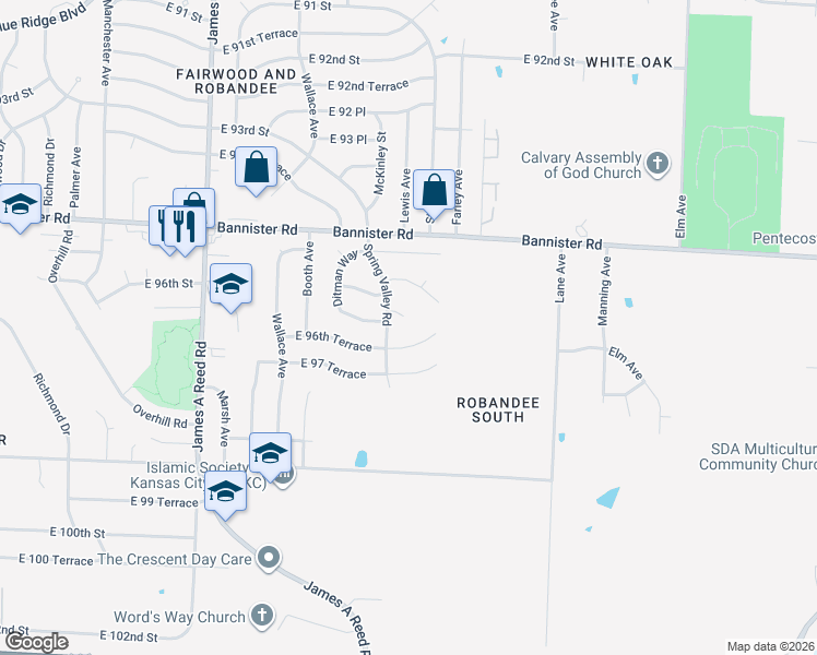 map of restaurants, bars, coffee shops, grocery stores, and more near 9639 Spring Valley Court in Kansas City