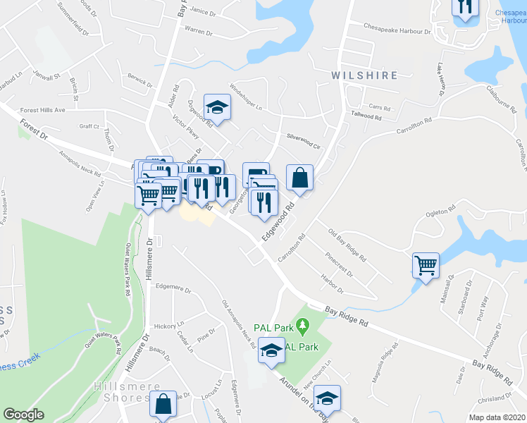 map of restaurants, bars, coffee shops, grocery stores, and more near 948 Bay Ridge Road in Annapolis