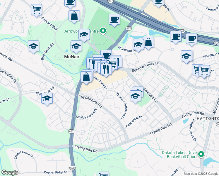 map of restaurants, bars, coffee shops, grocery stores, and more near 2465 Old Silo Court in Herndon