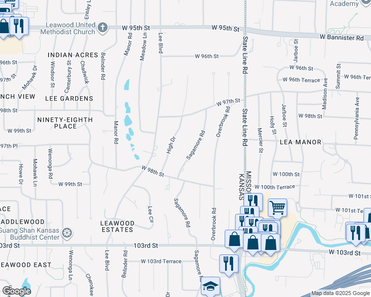 map of restaurants, bars, coffee shops, grocery stores, and more near 9717 High Drive in Leawood