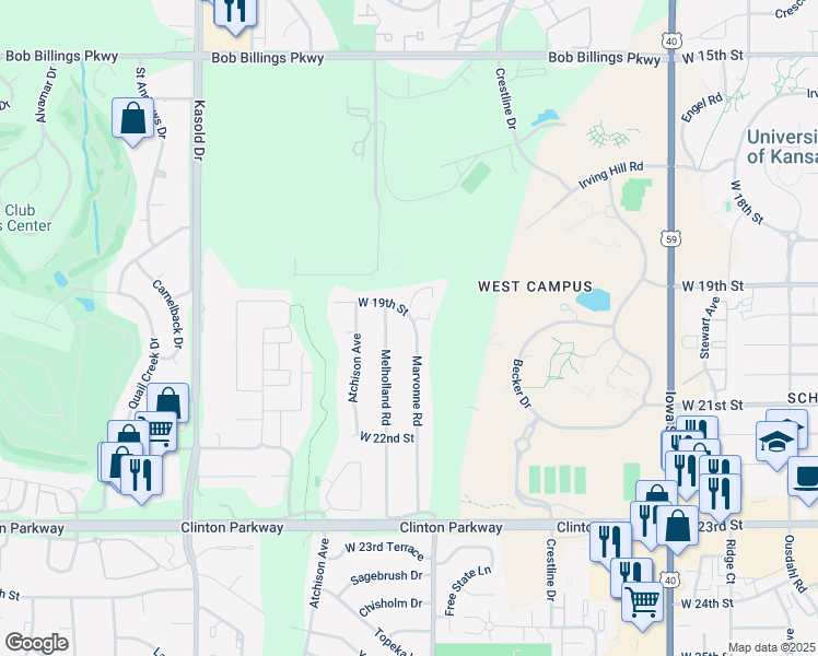 map of restaurants, bars, coffee shops, grocery stores, and more near 1907 Marvonne Road in Lawrence