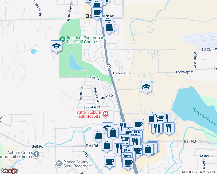 map of restaurants, bars, coffee shops, grocery stores, and more near 11711 Quartz Dr in Auburn