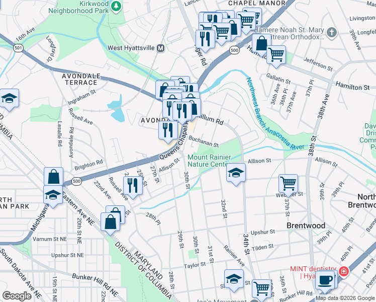 map of restaurants, bars, coffee shops, grocery stores, and more near 3001 Queens Chapel Road in Mount Rainier
