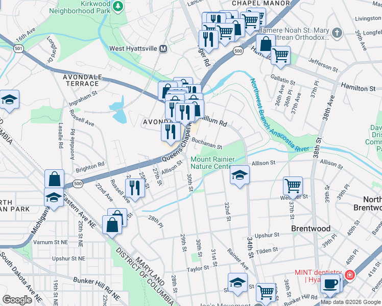 map of restaurants, bars, coffee shops, grocery stores, and more near 3001 Queens Chapel Road in Mount Rainier