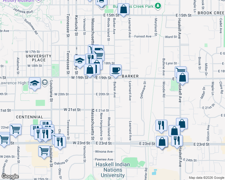 map of restaurants, bars, coffee shops, grocery stores, and more near 1924 Rhode Island Street in Lawrence