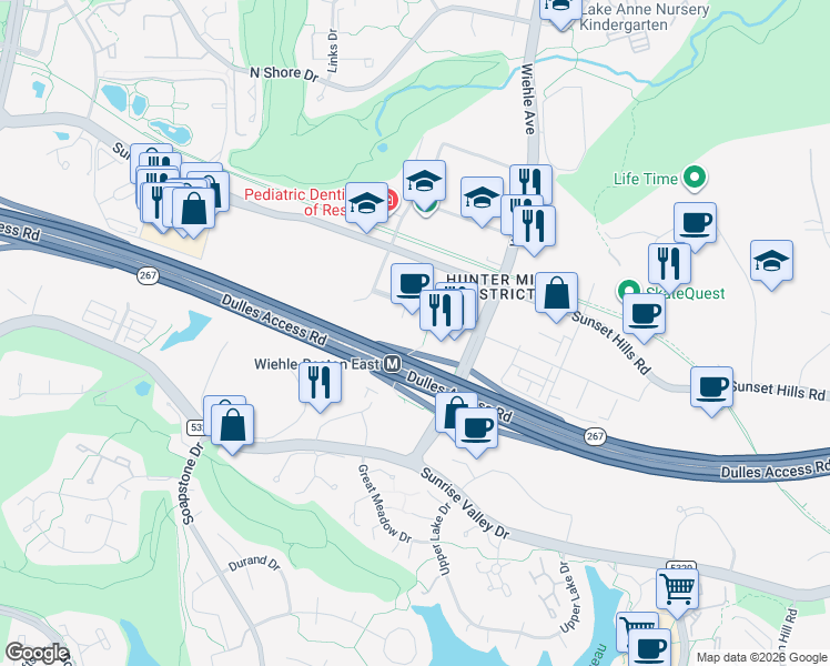 map of restaurants, bars, coffee shops, grocery stores, and more near 1906 Reston Metro Plaza in Reston
