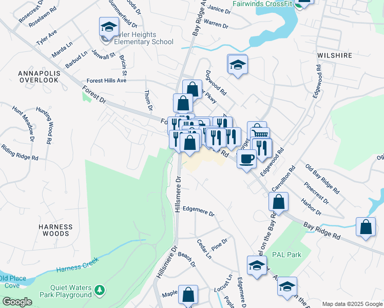 map of restaurants, bars, coffee shops, grocery stores, and more near 115 Hillsmere Drive in Annapolis