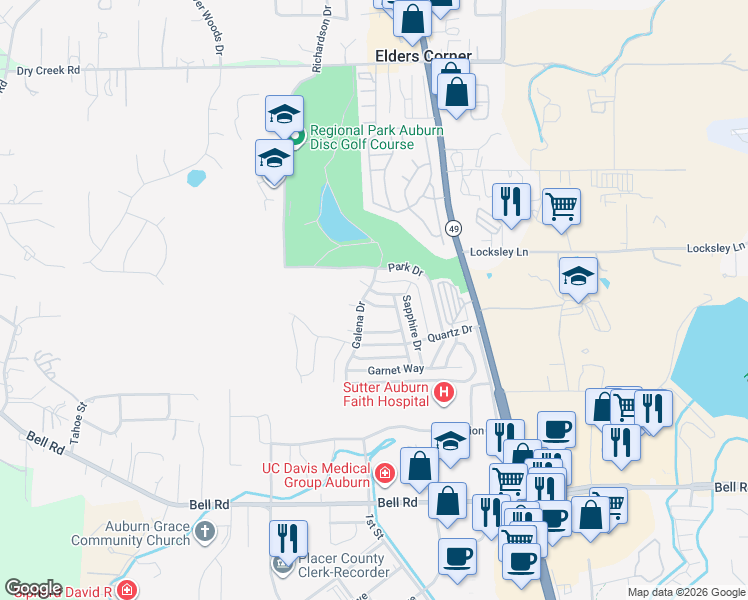 map of restaurants, bars, coffee shops, grocery stores, and more near 3711 Galena Drive in Auburn