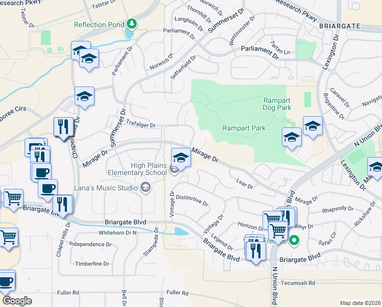 map of restaurants, bars, coffee shops, grocery stores, and more near 2425 Mirage Drive in Colorado Springs