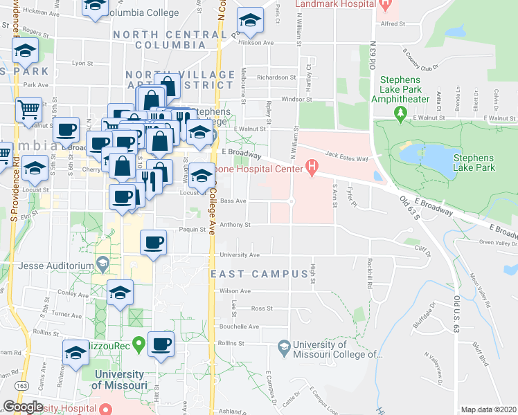 map of restaurants, bars, coffee shops, grocery stores, and more near 1404 Bass Avenue in Columbia
