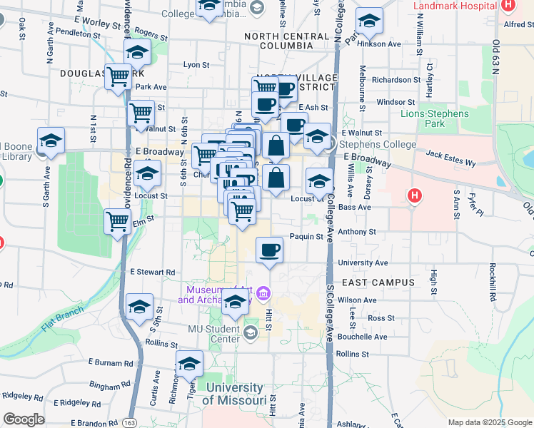 map of restaurants, bars, coffee shops, grocery stores, and more near 1002 Locust Street in Columbia