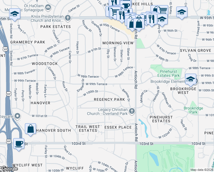 map of restaurants, bars, coffee shops, grocery stores, and more near 9014 West 99th Terrace in Overland Park