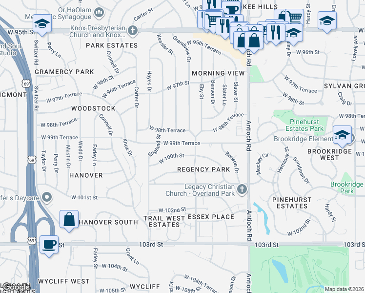 map of restaurants, bars, coffee shops, grocery stores, and more near 9114 West 99th Terrace in Overland Park