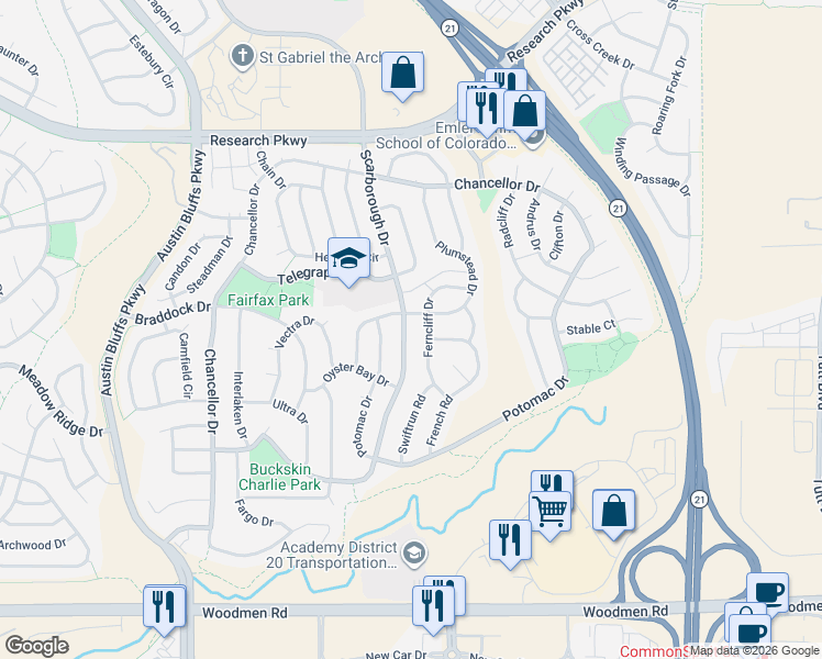 map of restaurants, bars, coffee shops, grocery stores, and more near 8090 Scarborough Drive in Colorado Springs