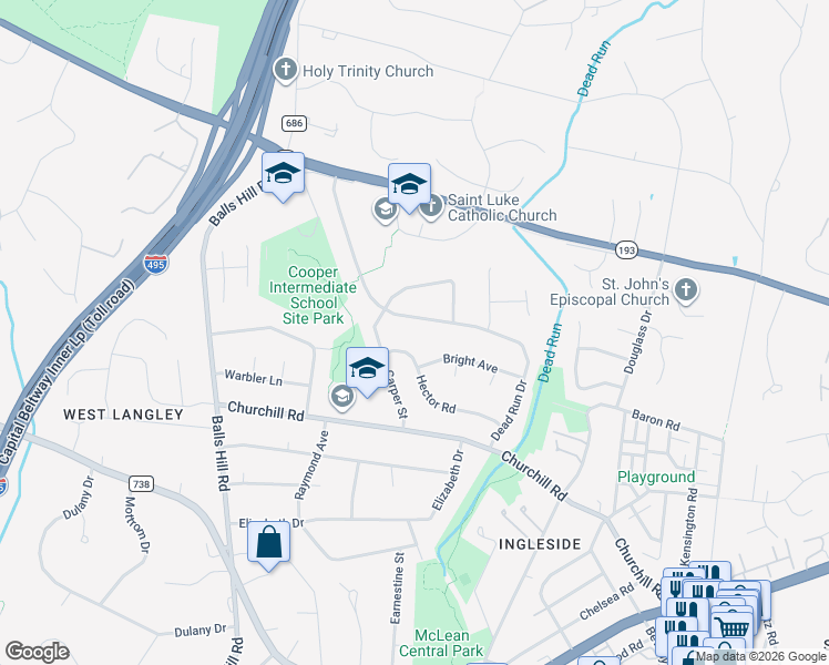 map of restaurants, bars, coffee shops, grocery stores, and more near 1022 Dead Run Drive in McLean