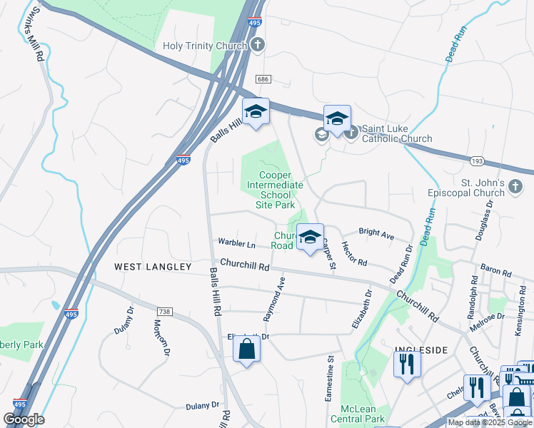 map of restaurants, bars, coffee shops, grocery stores, and more near 7120 Thrasher Road in McLean
