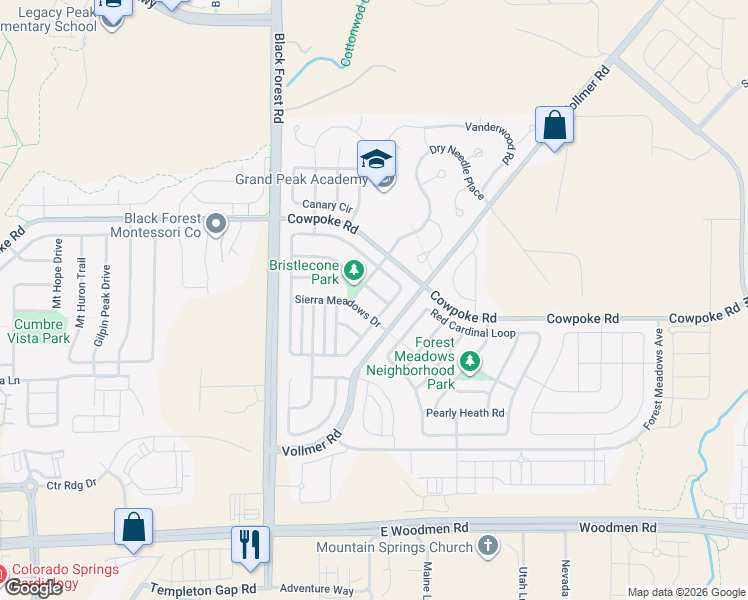 map of restaurants, bars, coffee shops, grocery stores, and more near 7009 Dusty Miller Way in Colorado Springs