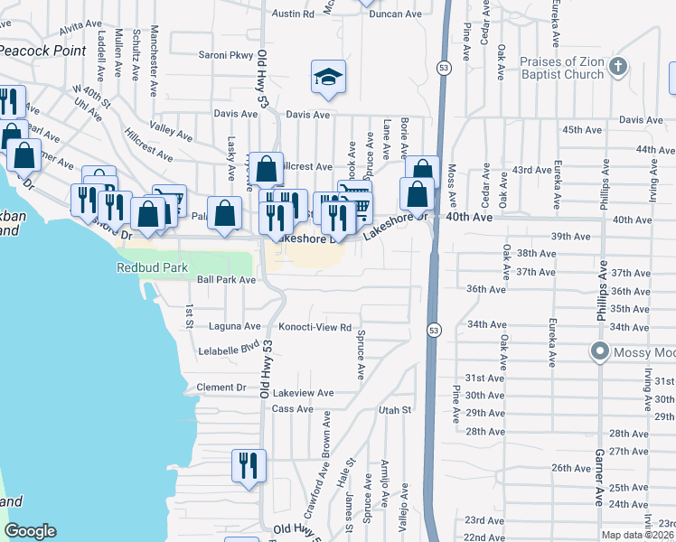 map of restaurants, bars, coffee shops, grocery stores, and more near 15155 Lakeshore Drive in Clearlake