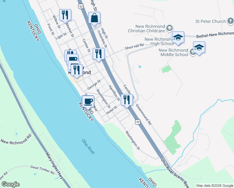 map of restaurants, bars, coffee shops, grocery stores, and more near 350 Hamilton Street in New Richmond