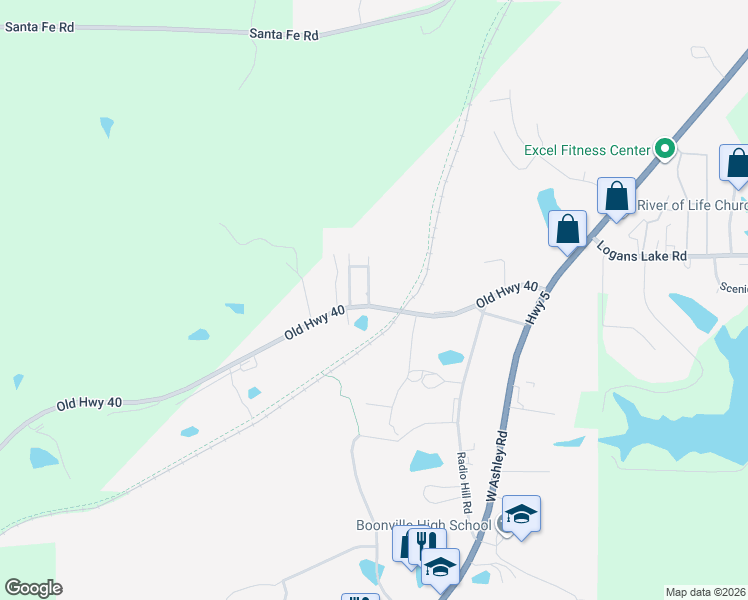 map of restaurants, bars, coffee shops, grocery stores, and more near 5 Sunrise Drive in Boonville