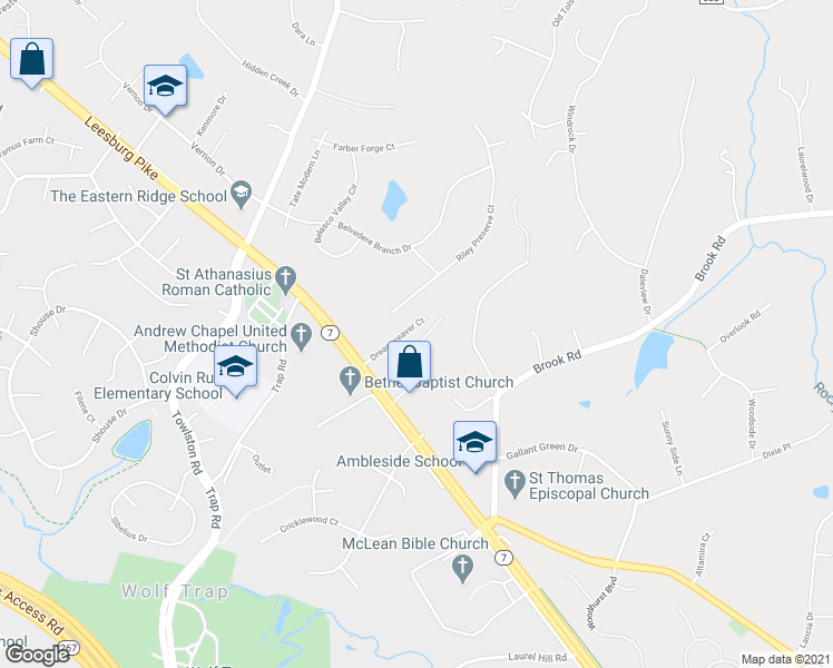 map of restaurants, bars, coffee shops, grocery stores, and more near 1355 Dreamweaver Court in Vienna