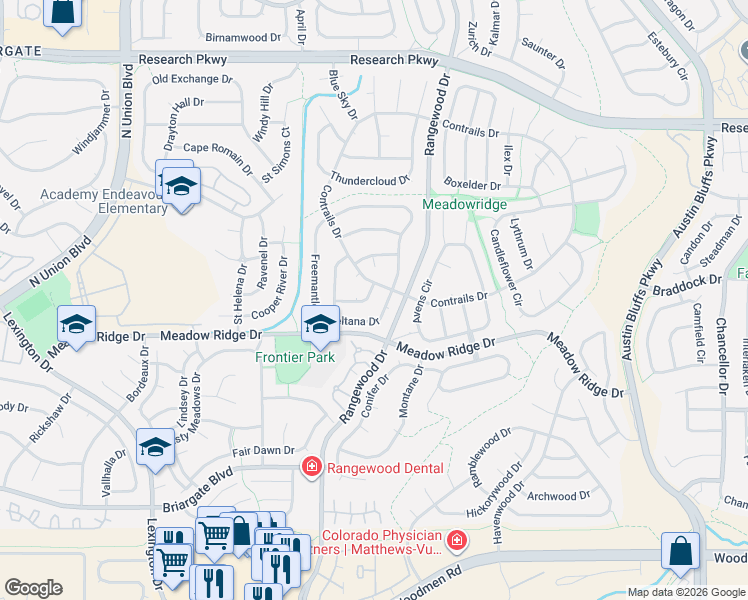 map of restaurants, bars, coffee shops, grocery stores, and more near 3950 Ayers Drive in Colorado Springs