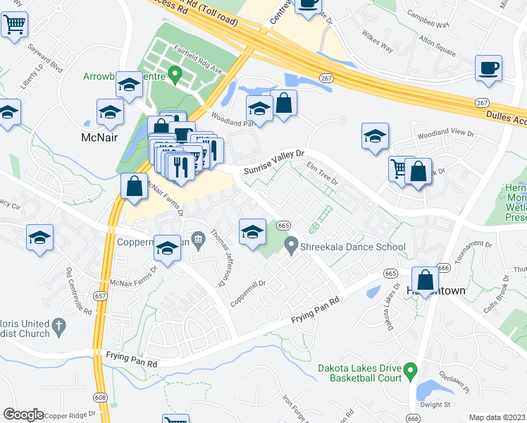 map of restaurants, bars, coffee shops, grocery stores, and more near 13220 Rolling Plains Court in Herndon