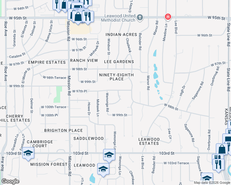 map of restaurants, bars, coffee shops, grocery stores, and more near 9714 Cherokee Lane in Leawood