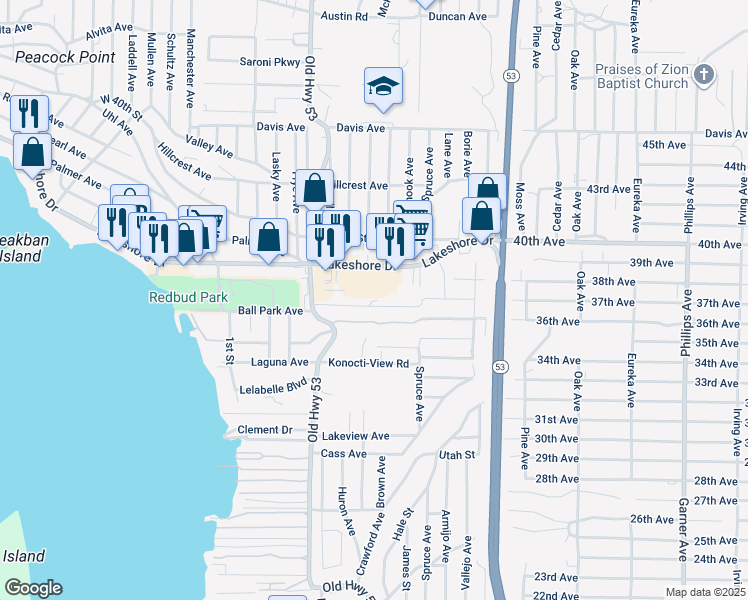 map of restaurants, bars, coffee shops, grocery stores, and more near 4788 Yarrington Court in Clearlake