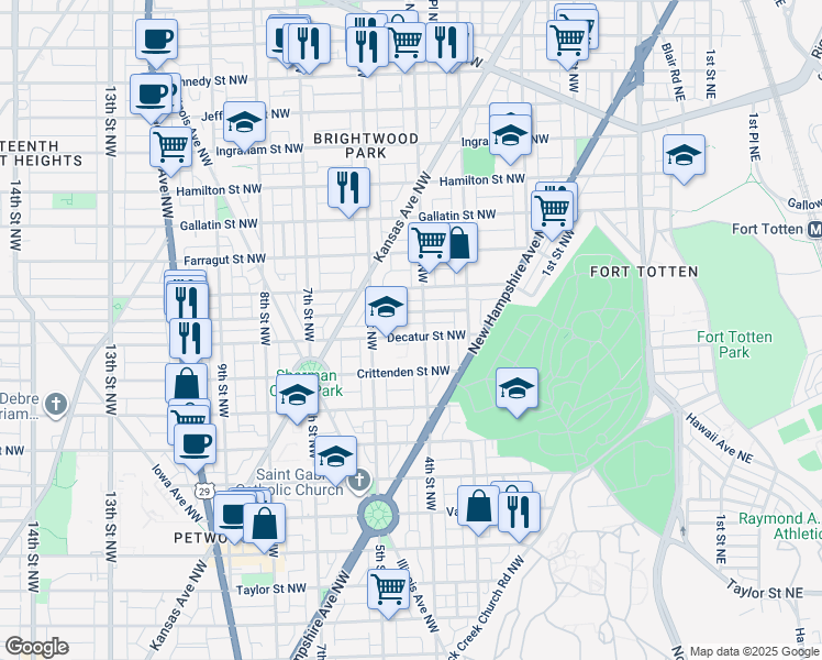 map of restaurants, bars, coffee shops, grocery stores, and more near 411 Decatur Street Northwest in Washington